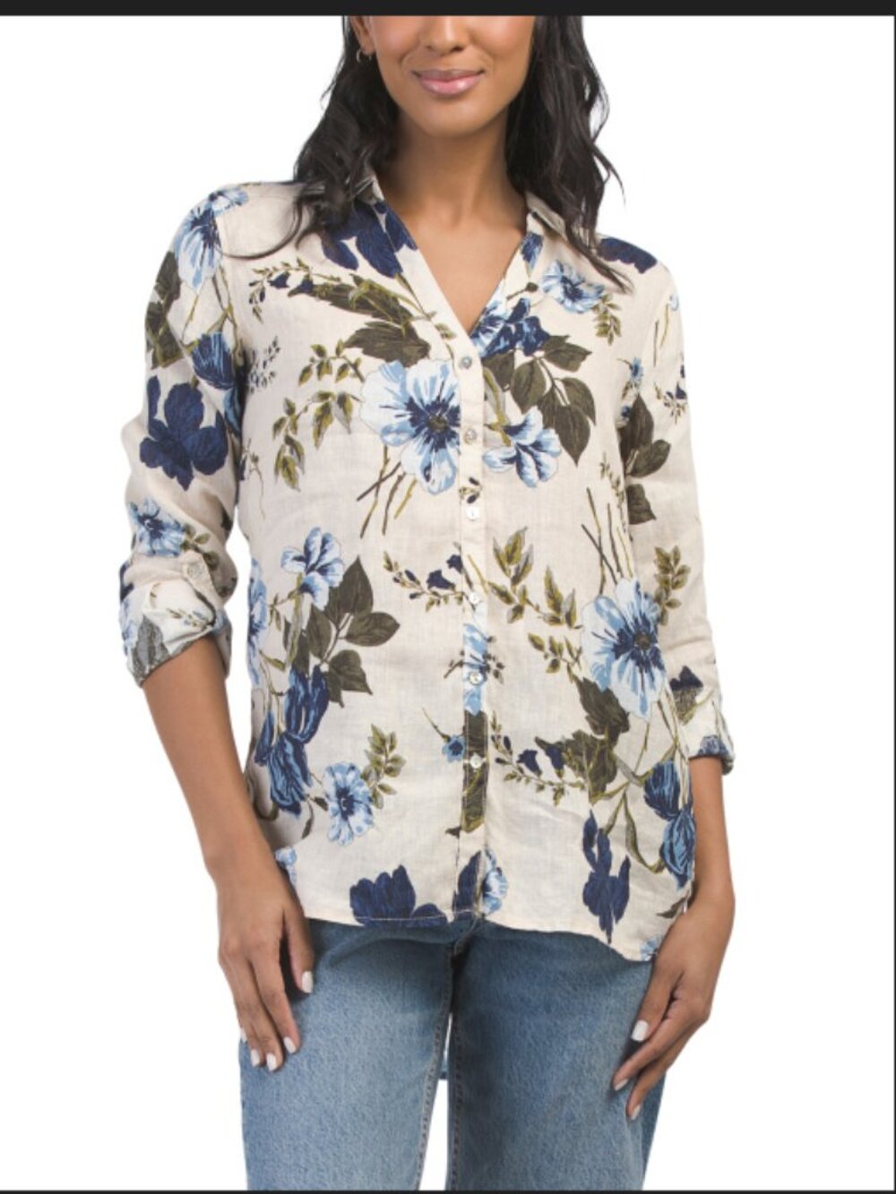 Cynthia Rowley 100% Linen Floral Button Front Shirt Long Roll Tab Sleeve Top